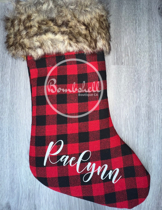 Load image into Gallery viewer, Red Buffalo Check Christmas Stocking With Brown Faux Fur Cuff 18&quot;