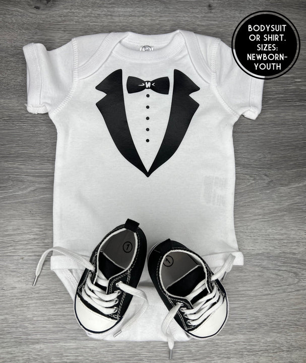 Load image into Gallery viewer, Baby Tuxedo Bodysuit - PREMADE READY TO SHIP 3-6 MONTH FIT