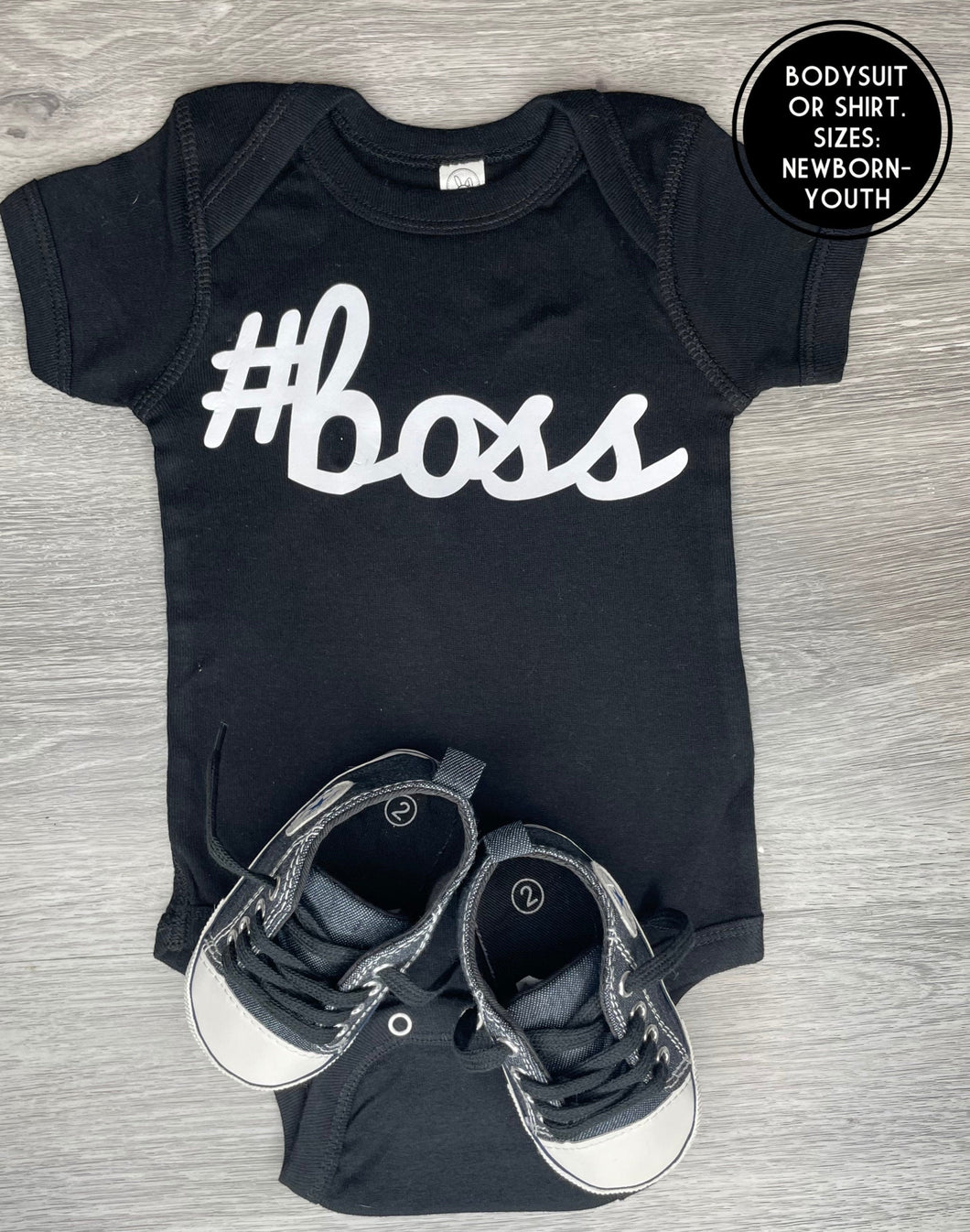 PREMADE READY TO SHIP 3-6 MONTH FIT #Boss Bodysuit