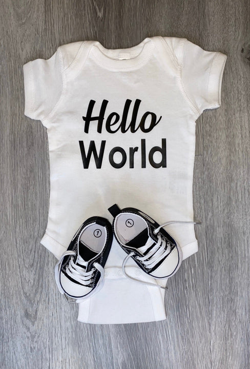 Load image into Gallery viewer, Hello World Bodysuit - PREMADE READY TO SHIP 3-6 MONTH FIT