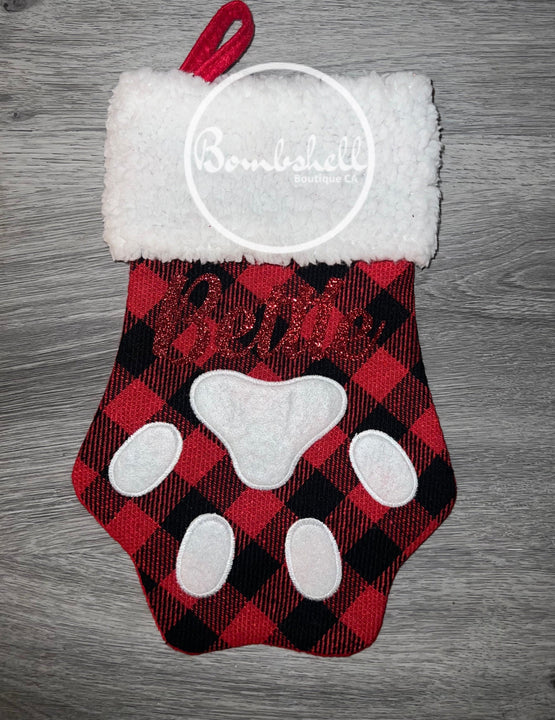 Load image into Gallery viewer, Red Buffalo Check Paw Print Dog Christmas Stocking 13.5"