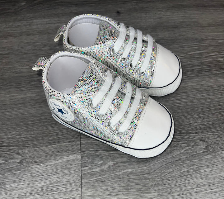 Load image into Gallery viewer, Silver Glitter Baby Girls Shoes, Newborn Infant Non-Slip Canvas Denim High Top Sneakers, Toddler First Walkers Shoes