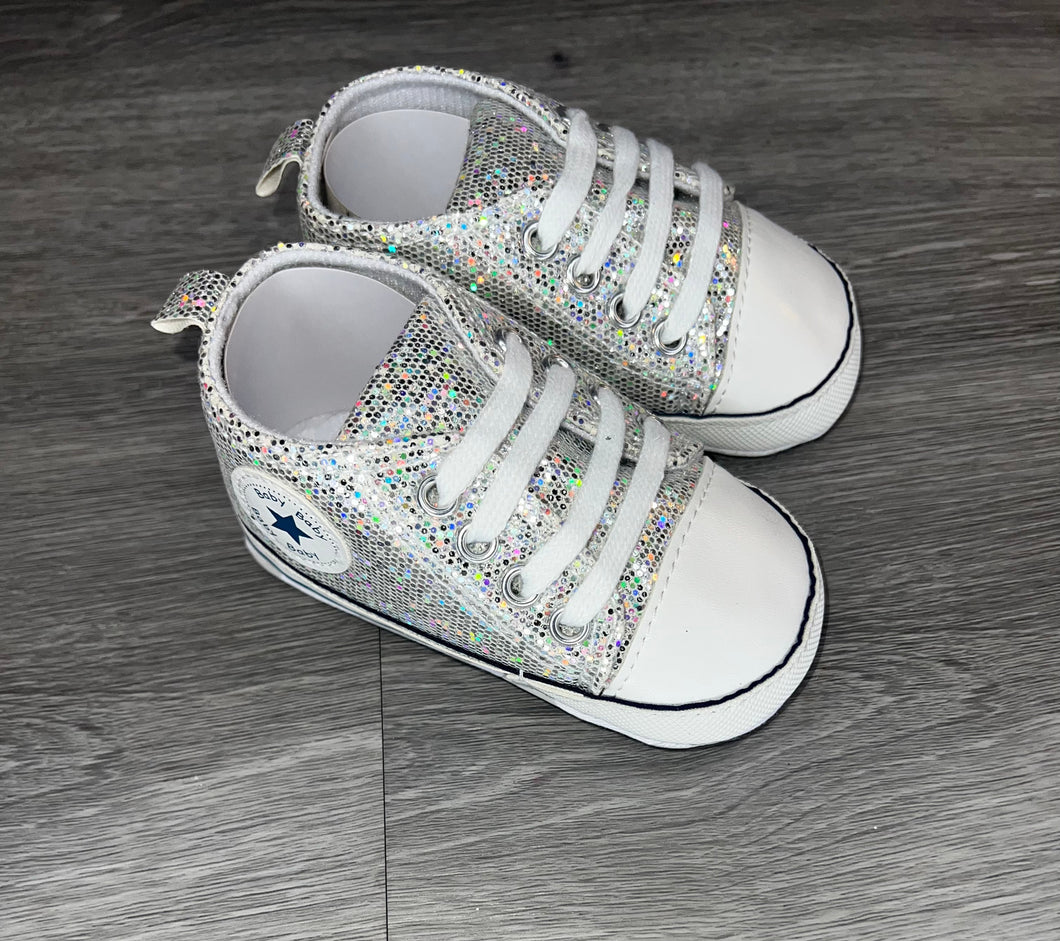 Silver Glitter Baby Girls Shoes, Newborn Infant Non-Slip Canvas Denim High Top Sneakers, Toddler First Walkers Shoes