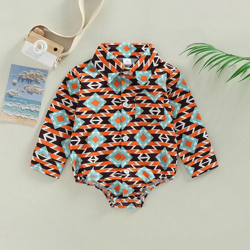Aztec Long Sleeve Button Up Bodysuit | Western Bodysuit | Baby Boy Clothes