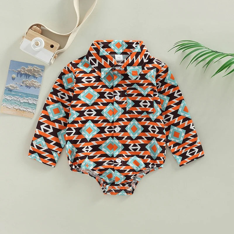 Aztec Long Sleeve Button Up Bodysuit | Western Bodysuit | Baby Boy Clothes