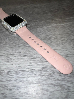 Rose Pink LV Engraved Silicone Apple Watch Band 42mm 44mm & 45mm