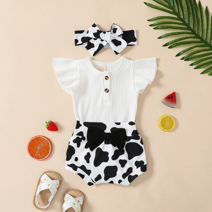 Load image into Gallery viewer, White Bodysuit &amp; Cow Print Shorts W/ Headband | Western Baby Girl Clothes