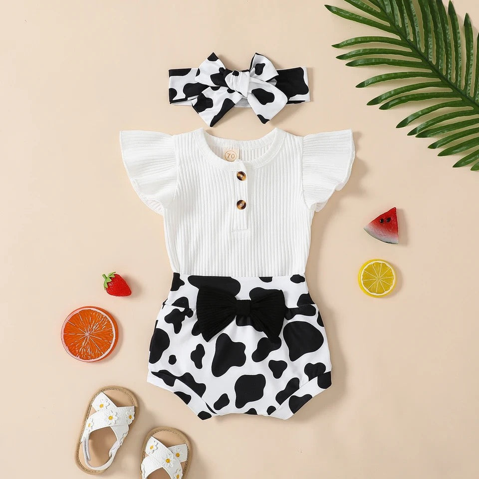 White Bodysuit & Cow Print Shorts W/ Headband | Western Baby Girl Clothes