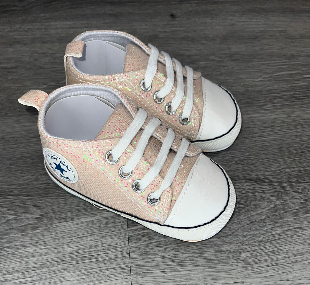 Light Pink Baby Girls Shoes, Newborn Infant Non-Slip Canvas Denim High Top Sneakers, Toddler First Walkers Shoes