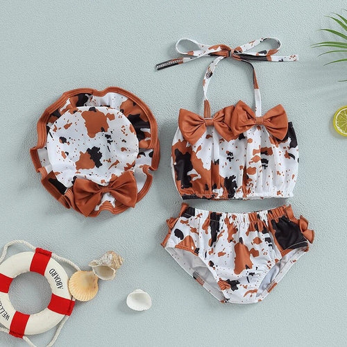 Cow Print Infant Swimsuit With Sun Hat | Western Baby Girl Swimwear