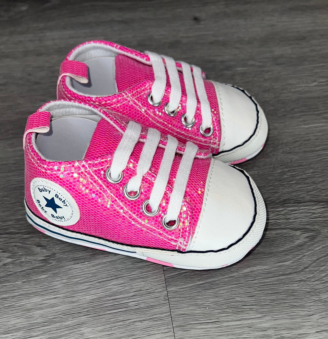 Hot Pink Glitter Baby Girls Shoes, Newborn Infant Non-Slip Canvas Denim High Top Sneakers, Toddler First Walkers Shoes