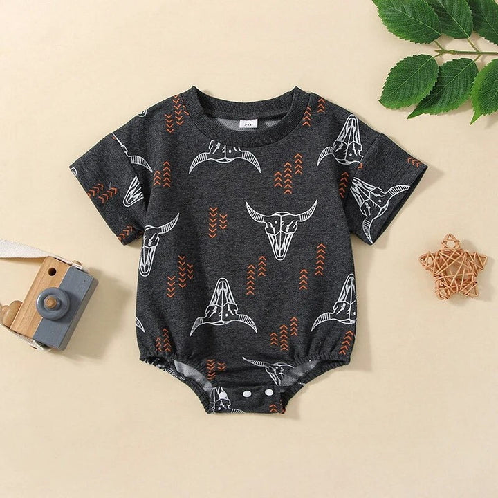 Load image into Gallery viewer, Western Cow Skull Bodysuit with Snap Button Closure for Babies | Everyday Go-To Baby Clothes | Simple Dressing | Western Shirt Style