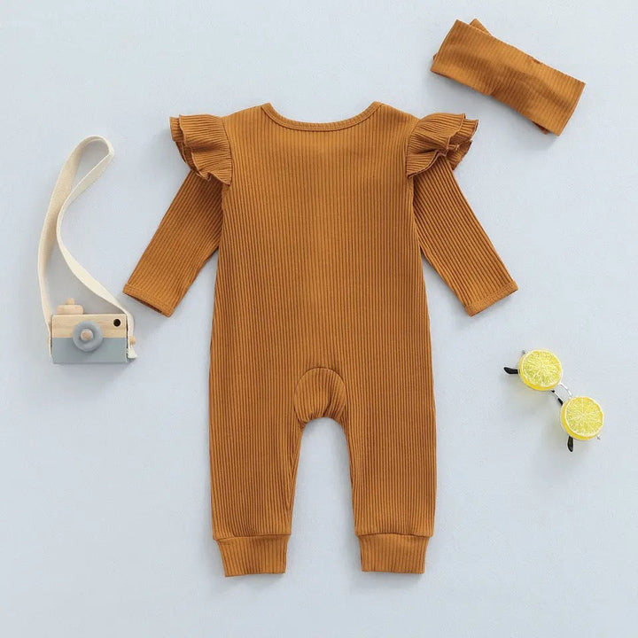 Load image into Gallery viewer, Caramel Brown Knit Ribbed Ruffle Bodysuit Romper W/ Headband