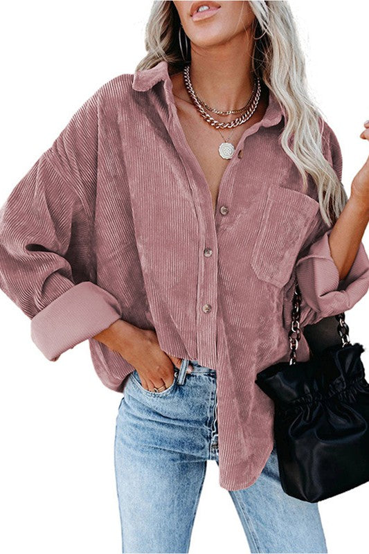 Pink Corduroy Long Sleeve Button Up Top