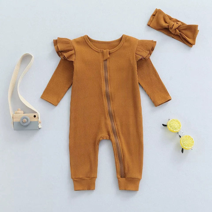 Load image into Gallery viewer, Caramel Brown Knit Ribbed Ruffle Bodysuit Romper W/ Headband