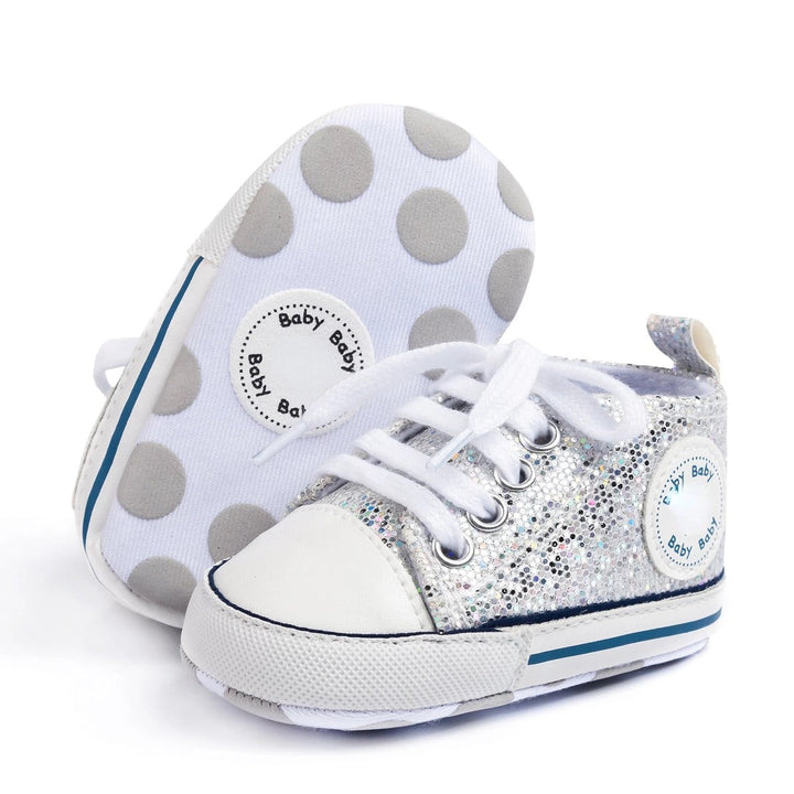 Load image into Gallery viewer, Silver Glitter Baby Girls Shoes, Newborn Infant Non-Slip Canvas Denim High Top Sneakers, Toddler First Walkers Shoes