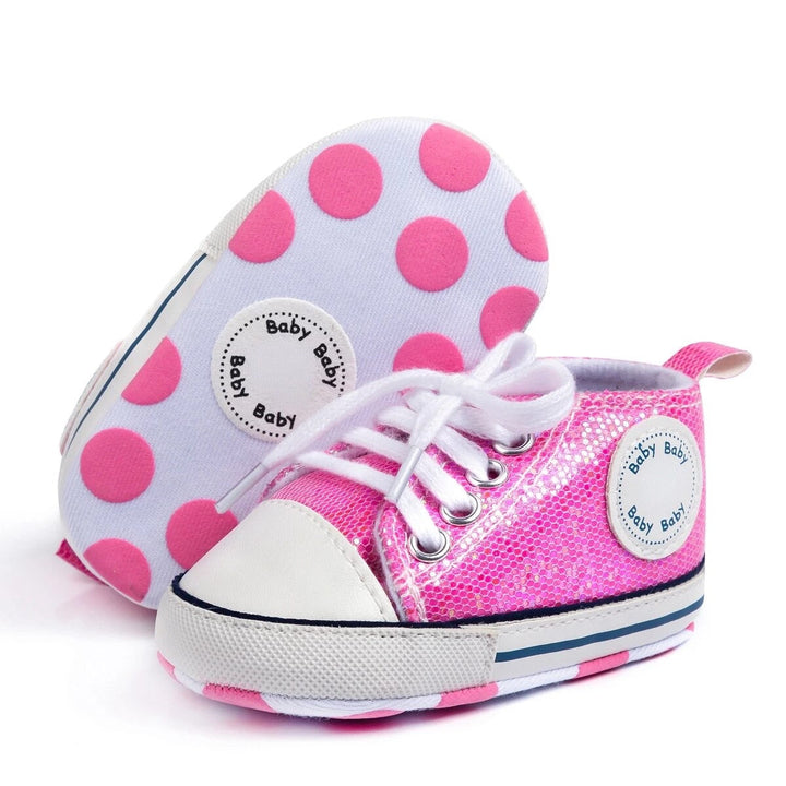 Load image into Gallery viewer, Hot Pink Glitter Baby Girls Shoes, Newborn Infant Non-Slip Canvas Denim High Top Sneakers, Toddler First Walkers Shoes