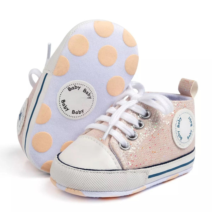 Load image into Gallery viewer, Light Pink Baby Girls Shoes, Newborn Infant Non-Slip Canvas Denim High Top Sneakers, Toddler First Walkers Shoes