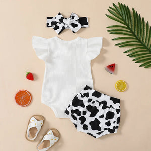 White Bodysuit & Cow Print Shorts W/ Headband | Western | Baby Girl Clothes