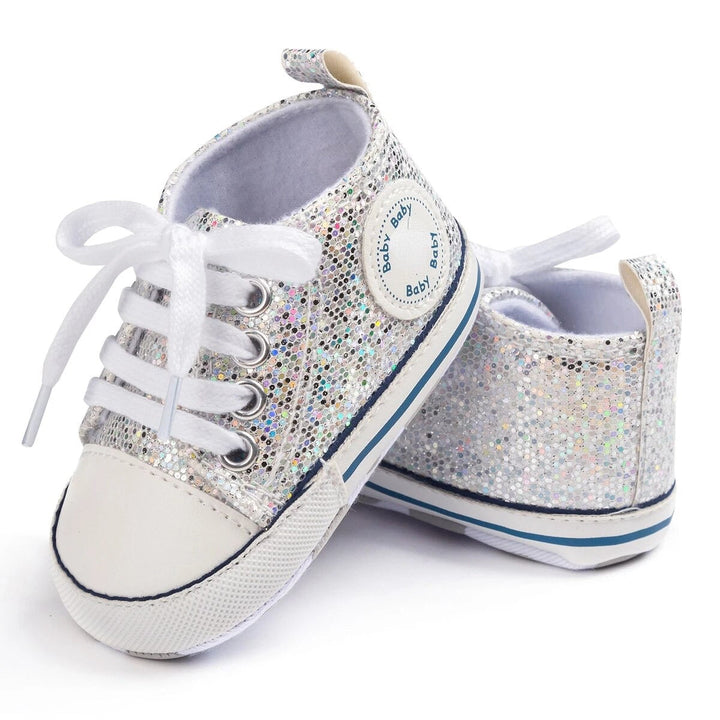 Load image into Gallery viewer, Silver Glitter Baby Girls Shoes, Newborn Infant Non-Slip Canvas Denim High Top Sneakers, Toddler First Walkers Shoes