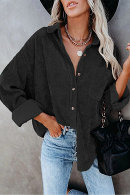 Black Corduroy Long Sleeve Button Up Top