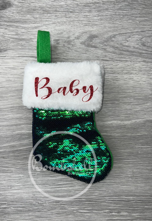 Load image into Gallery viewer, Mini Green Sequin Christmas Stocking 6"