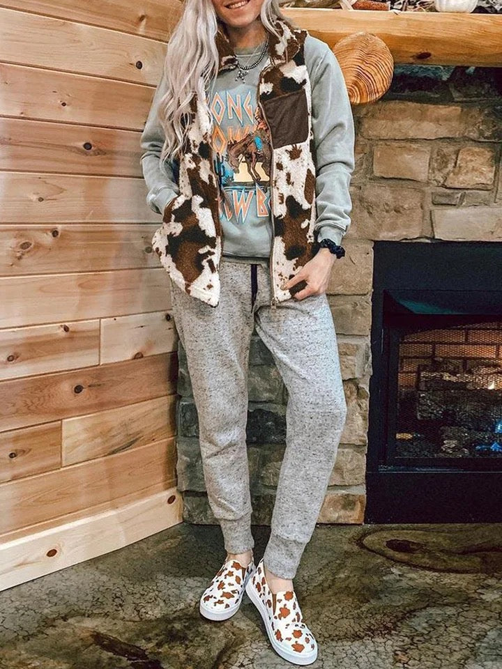 Brown Cow Print Plush Fleece Faux Fur Zip Up Vest