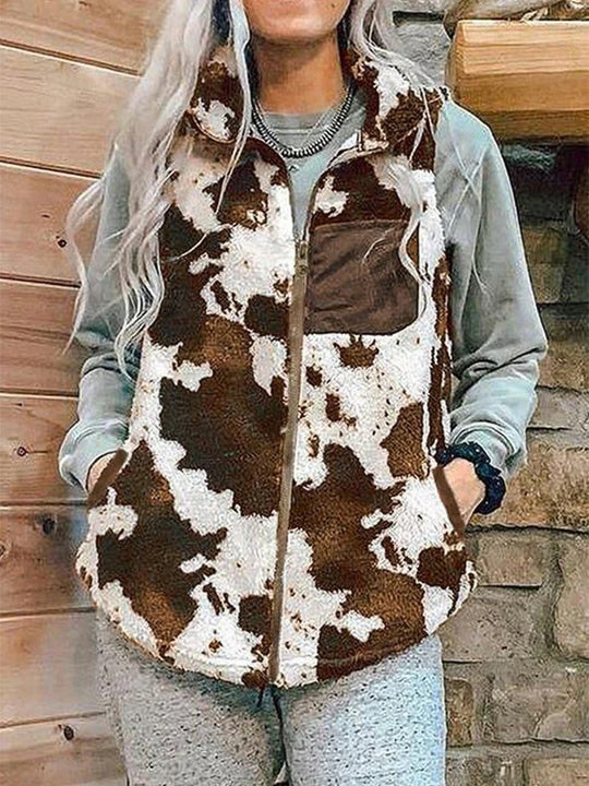Load image into Gallery viewer, Brown Cow Print Plush Fleece Faux Fur Zip Up Vest