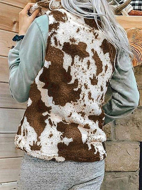 Load image into Gallery viewer, Brown Cow Print Plush Fleece Faux Fur Zip Up Vest
