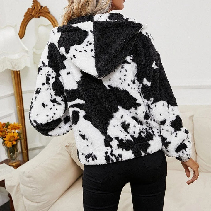 Load image into Gallery viewer, Cow Print Fleece Faux Fur Zip Up Jacket